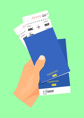 A man holding in his hand two passports with a vaccination certificate and plane tickets. Vaccination stamp in the passport. Flat style. Vector