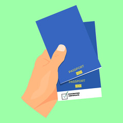 A man holding in his hand two passports with a vaccination certificate. Vaccination stamp in the passport. Flat style. Vector