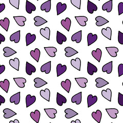 Seamless pattern in lilac and violet hearts on white background. Vector image.