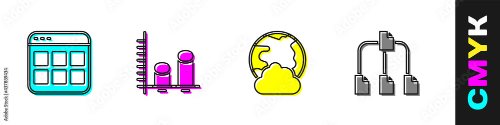Poster set browser files, data analysis, social network and folder tree icon. vector