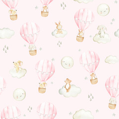 Hot air balloon  watercolor woodland animals  seamless pattern illustration