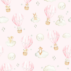 Fototapety  Hot air balloon  watercolor woodland animals  seamless pattern illustration