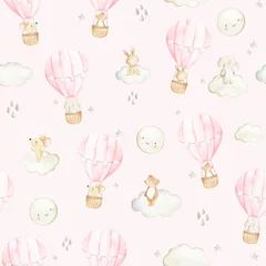 Abwaschbare Fototapete Heißluftballon Heißluftballon Aquarell Waldtiere nahtlose Muster Illustration