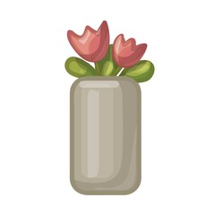 Cartoon red tulips in vertical grey pot . Vector illustration isolated on white background.