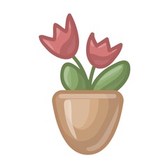 Cartoon red tulips in flower pot. Vector illustration isolated on white background.
