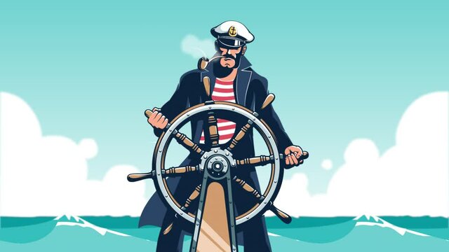 Sea Captain at the helm with blue ocean waves. Captain seaman with ship wheel. Cartoon loop animation with alpha channel.
