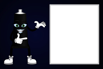 Mascot ink paste tube character standing and pointing to blank white board isolated