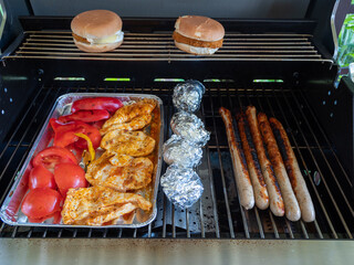 grilled meat and fish with vegetables