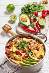 Mexican tortilla soup with chicken, top view