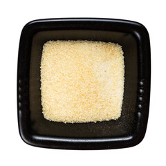 crystalline beef gelatine in black bowl isolated