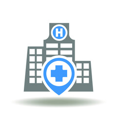 Hospital with location place pointer and medical cross vector illustration. Healthcare public sector symbol.