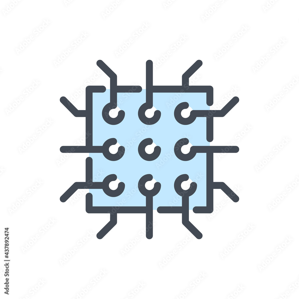 Poster circuit board with connection color line icon. chip with connection to main components vector outlin