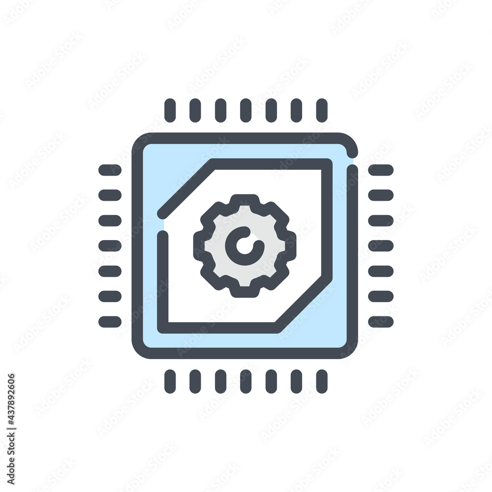 Poster computer chip with gear color line icon. microchip or processor with connections vector outline colo