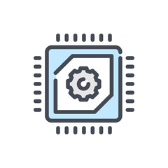 Computer chip with gear color line icon. Microchip or processor with connections vector outline colorful sign.