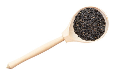 top view of whole-grain niger seeds in wood spoon
