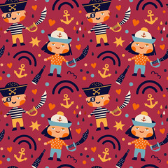Vector illustration. Seamless pattern on a pirate theme. Girl and boy pirates. Saber, spyglass, rainbow. For nursery, printing on fabric, paper. On a crimson background
