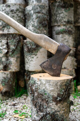 Axe in stump. Axe ready for cutting timber.Woodworking tool. Lumberjack axe in wood, chopping timber