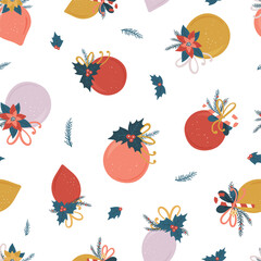 Cute hand drawn christmas baubles with decoration, lovely christmas seamless pattern, great for textiles, wrapping, banners, wallpapers - vector design