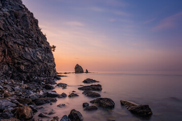 Picturesque Mediterranean seascape in Turkey. Colorful sunrise in a small bay near the Tekirova...
