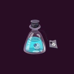Bottle of dangerous potion with warning label, vector illustration isolated.