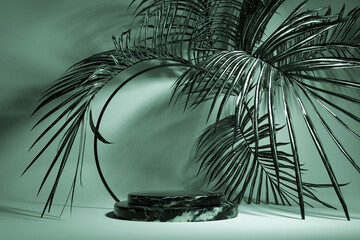 3D abstract tropical green palm leaves and round frame, marble empty podium platform for product presentation. Summer tropical leaf. Exotic jungle, summertime background.