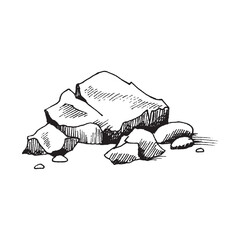 Stone pile of cobblestones or boulders, engraving vector illustration isolated.
