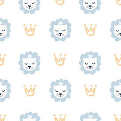 Hand drawn cute lion and crown vector illustration seamless pattern baby boy. Simple repeated texture with scandinavian elements. Template for baby textile and wrapping paper