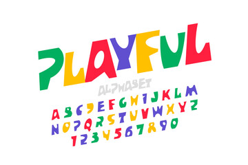 Playful style font design, colorful childish alphabet, letters and numbers vector illustration