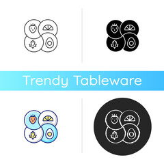 Sectional plate icon. Divided dish which can contain different foods. Wide variety meals types in one container. Linear black and RGB color styles. Isolated vector illustrations