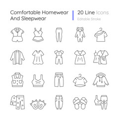 Comfortable homewear and sleepwear linear icons set. Female nightwear. Male sportswear. Funny slippers. Customizable thin line contour symbols. Isolated vector outline illustrations. Editable stroke