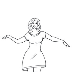 woman dancing with arms up in the air. isolated, comic, outline, monochrome.