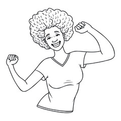 comic outline drawing of a woman who is happy and puts her hands in the air.