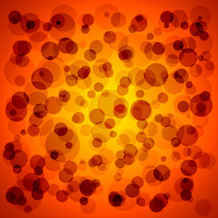 Numerous circles of different sizes on an orange background. Abstract textile pattern with shapes.