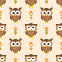 Seamless pattern with cute owls and flowers