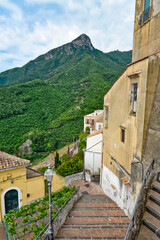 Fototapeta na wymiar A downhill street in Raito, a village on the Amalfi coast in Italy.
