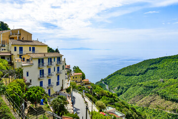 Fototapeta na wymiar Panoramic view of the sea from Albori, a village on the Amalfi coast, Italy.