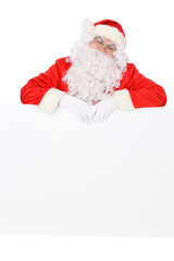 Naklejka premium Crazy cheerful Santa Claus near copy space area, isolated over white background. Merry Christmas and New Year concept