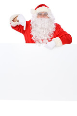 Naklejka premium Crazy cheerful Santa Claus near copy space area, isolated over white background. Merry Christmas and New Year concept