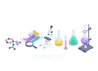 isometric vector illustration on a white background, a set of icons on the theme of chemistry, flasks and a microscope next to molecules and a periodic table, studying the science of chemistry