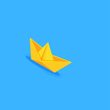 isometric vector illustration on blue background, yellow paper boat floats on water, dream or desire to succeed