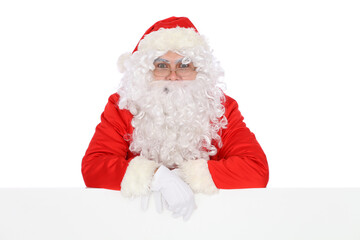 Naklejka premium Crazy cheerful Santa Claus near copy space area, isolated over white background. Merry Christmas and New Year concept