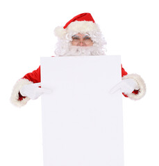 Naklejka premium Crazy cheerful Santa Claus near copy space area, isolated over white background. Merry Christmas and New Year concept