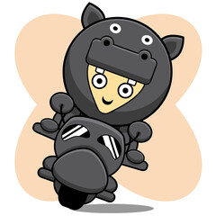 hippopotamus costume cartoon character design illustration riding a motorcycle