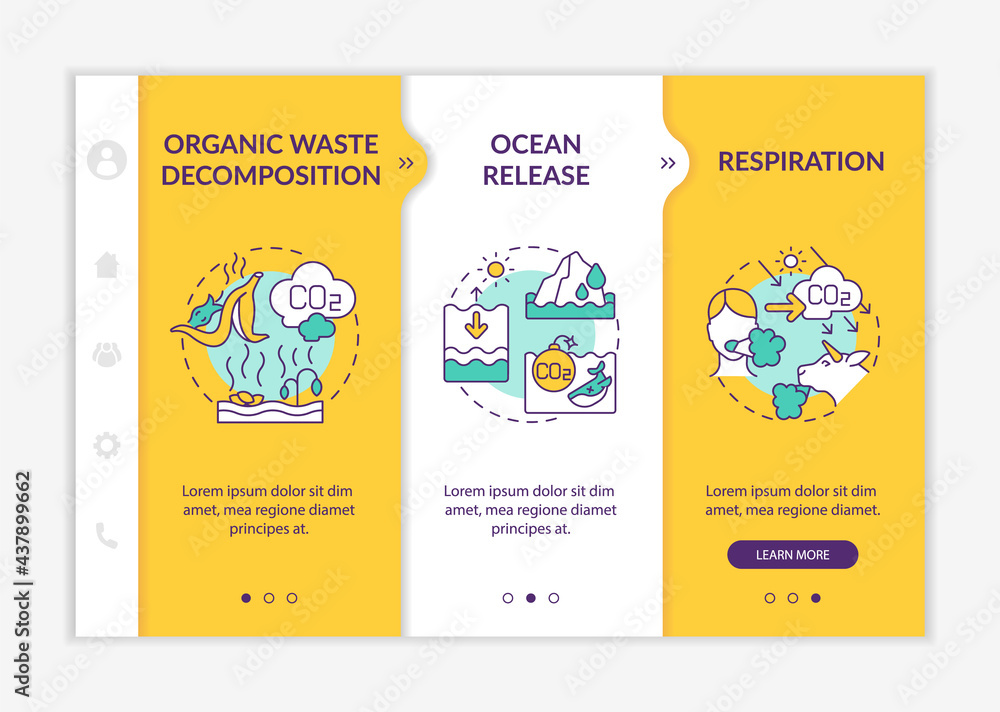 Poster natural carbon dioxide sources onboarding vector template. responsive mobile website with icons. web