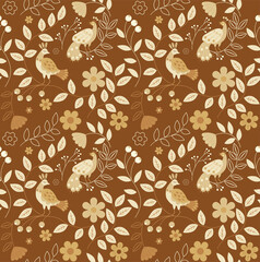 vector seamless pattern of ethnic stylized birds and nature in yellow palette, sunny colour scheme