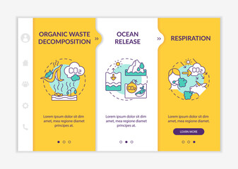 Fototapeta na wymiar Natural carbon dioxide sources onboarding vector template. Responsive mobile website with icons. Web page walkthrough 3 step screens. Organic waste decomposing color concept with linear illustrations