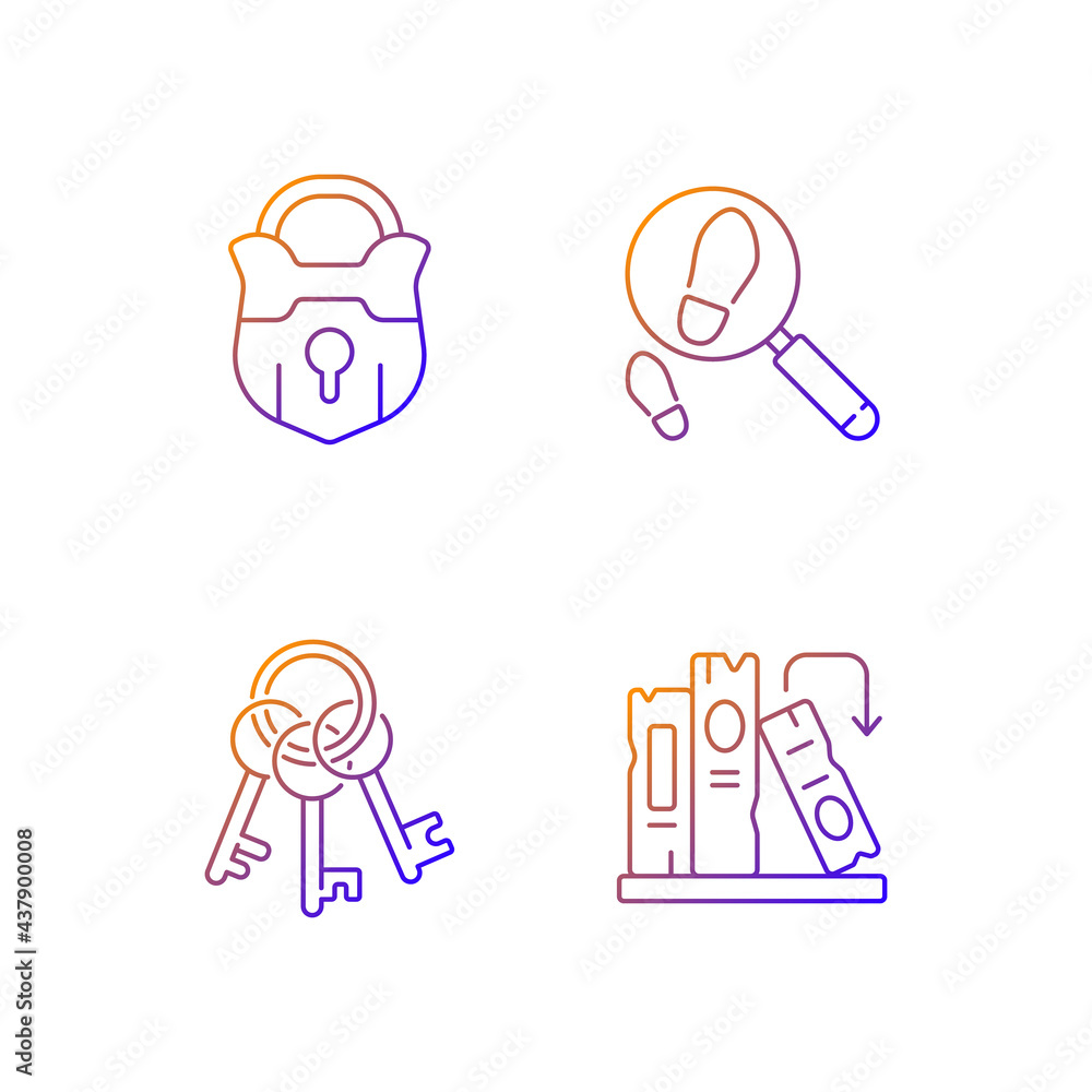 Poster solving mystery gradient linear vector icons set. vintage padlock. keys on ring for lock. part of my
