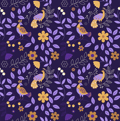 vector seamless pattern of ethnic stylized birds and nature in dark purple and yellow colours on dark purple background