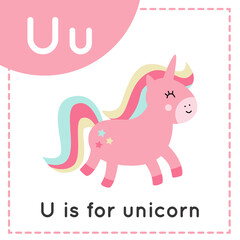 Learning English alphabet for kids. Letter U. Cute cartoon unicorn.