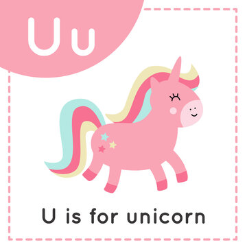 Learning English alphabet for kids. Letter U. Cute cartoon unicorn.
